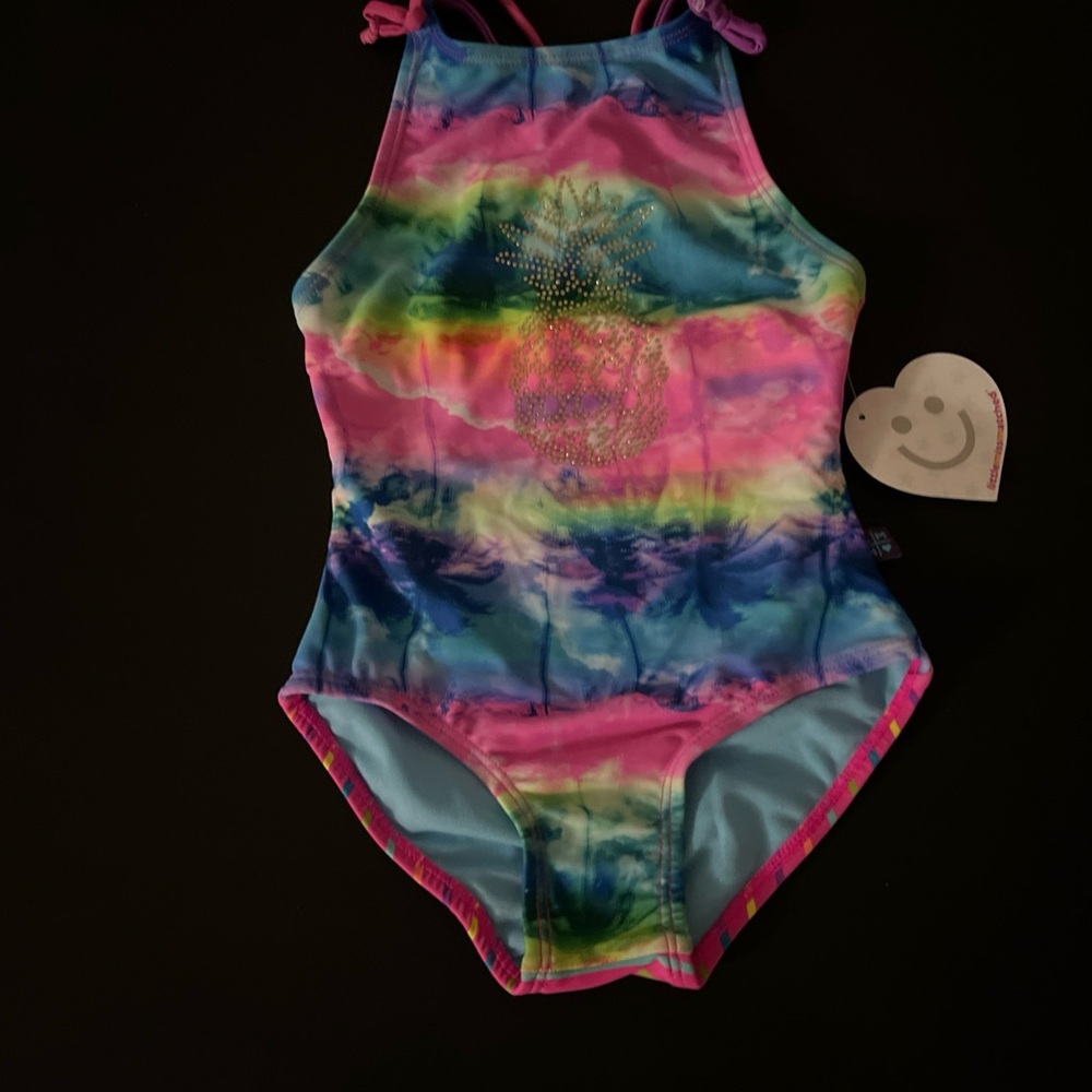Toddler Girls Size 4 Pink and Blue One Piece Swimsuit with High Neckline